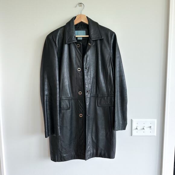 Nine West Jackets & Blazers - Nine West Genuine Leather Button Front Long Collared Trench Coat Black M